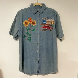 Vintage 90s Denim Embroidered Sunflower Shirt Red‎ Ridge Mountain Outfitters L